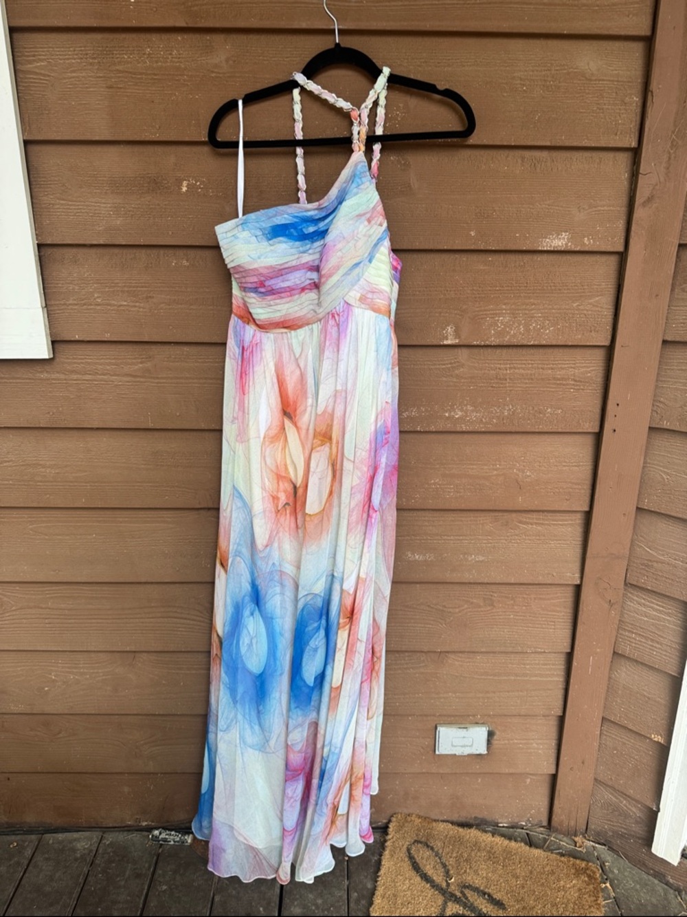 La Femme One-Shoulder Maxi Dress in Blue, Pink, Orange, White size 8